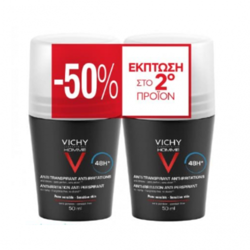 Vichy Promo Anti-Transpirant 48h Roll On Ανδρικό Αποσμητικό για Ευαίσθητες Επιδερμίδες -50% Έκπτωση στο 2ο προϊόν 2x50ml